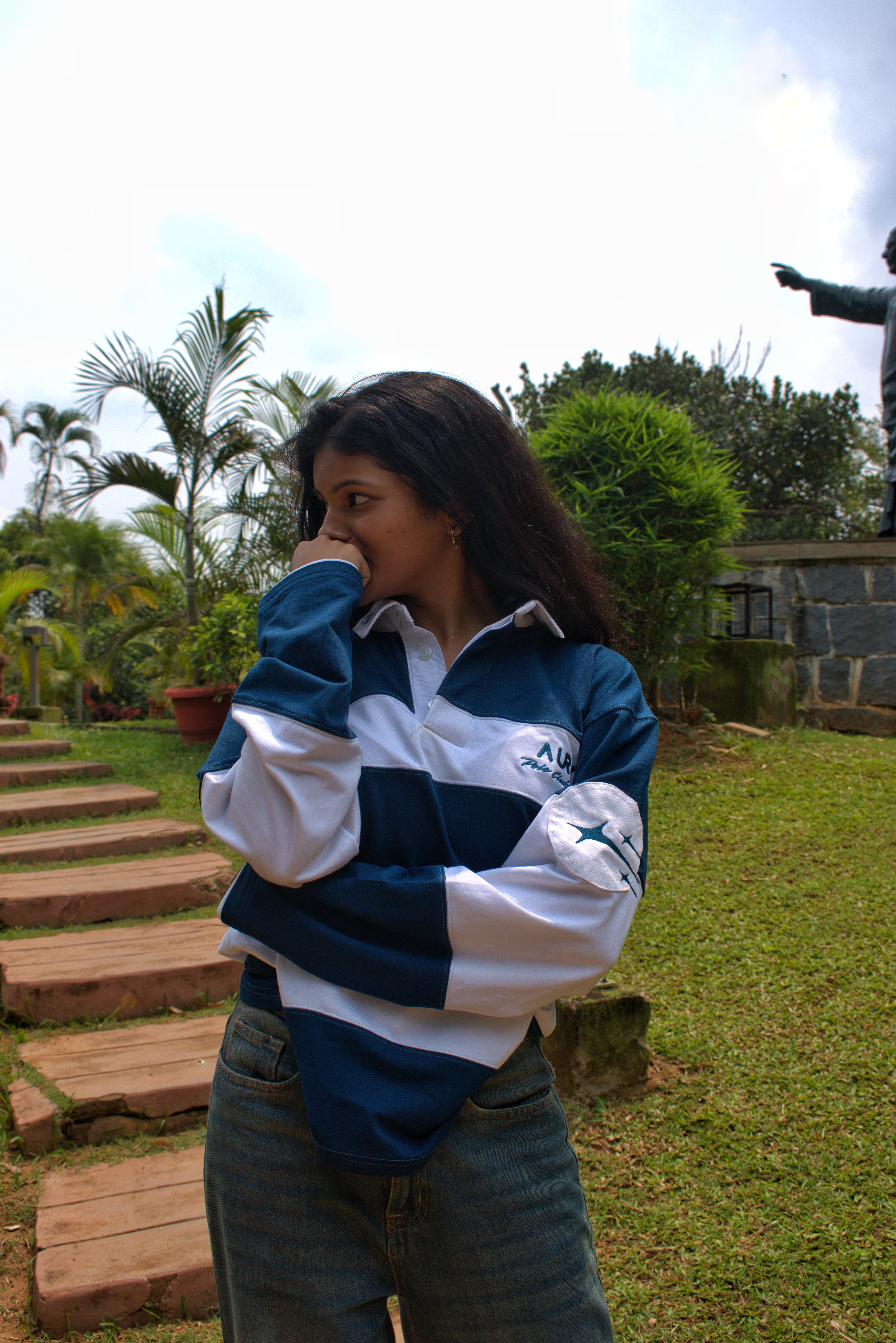 AURA blue and white striped oversized polo shirt women streetwear India